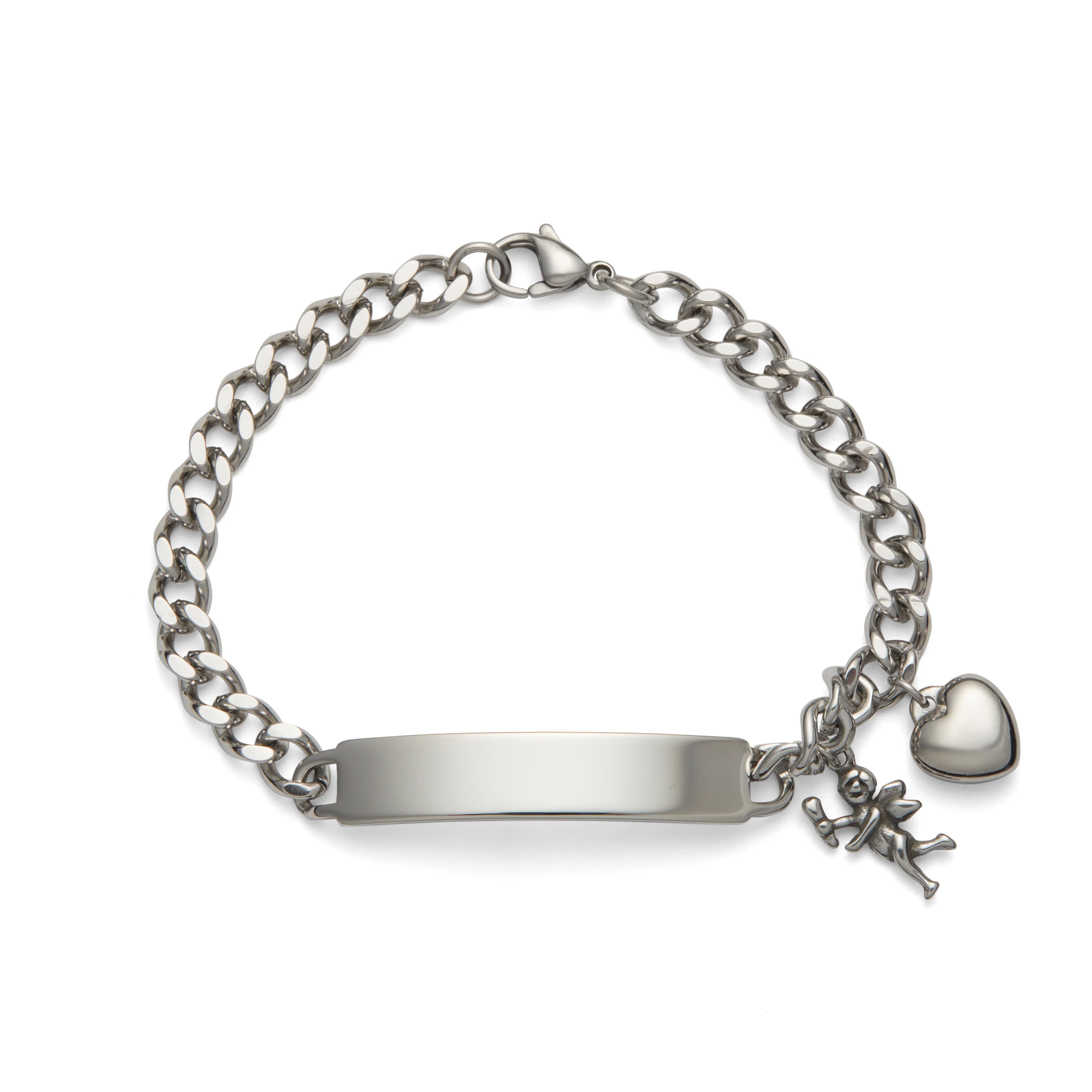 Ladies’ ID Bracelet with Plaque and Cherub and Heart Charms Silver Tone - Image 3
