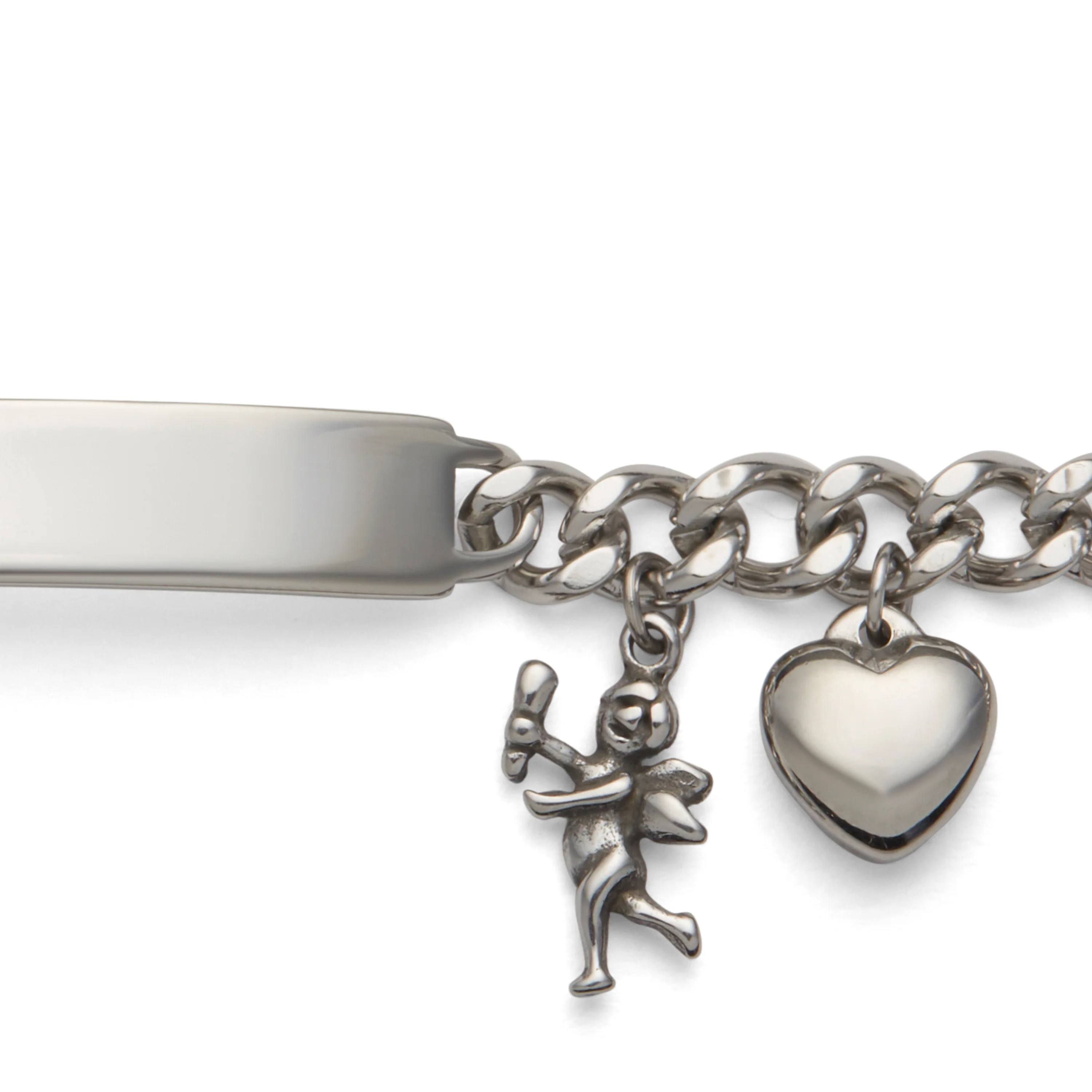 Ladies’ ID Bracelet with Plaque and Cherub and Heart Charms Silver Tone - Image 4