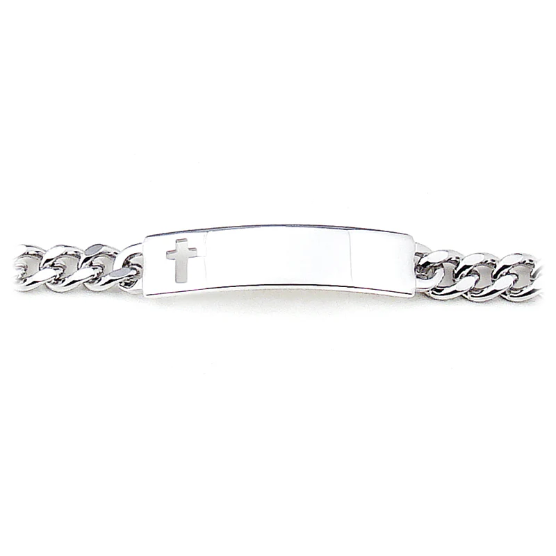 Men's ID Bracelet with Polished Plaque with Cross - Image 7