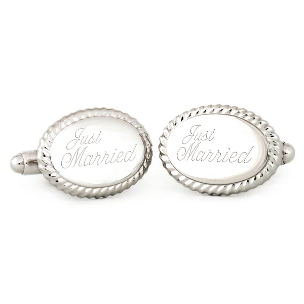 Oval Beaded Edge Cuff Links w/ "Just Married" Engraving