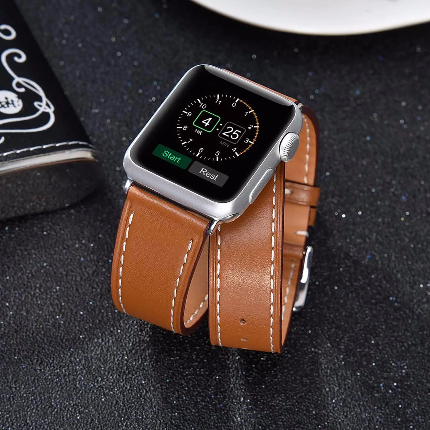 Brown Leather Double Tour Watchband Compatible For Use With The Apple Watch® - Image 3