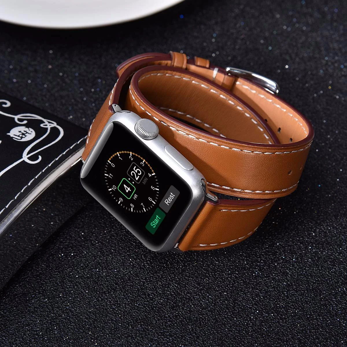 Brown Leather Double Tour Watchband Compatible For Use With The Apple Watch® - Image 4