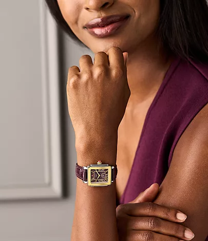 Michele Deco Sport Mid Gold-Plated Dark Cherry Leather Watch - Image 4