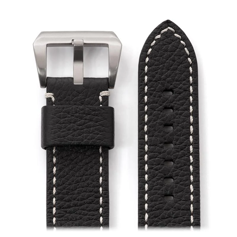 Men's Wide Contrast Stitched Calfskin Leather Watchband in Black and Brown - Image 3
