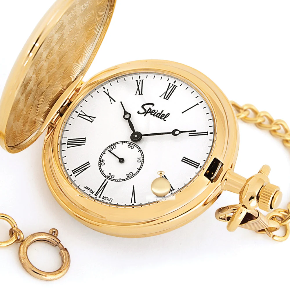 Speidel Classic Smooth Pocket Watch with 14" Chain, Gold Tone with White Dial in Gift Box, Engravable - Image 3