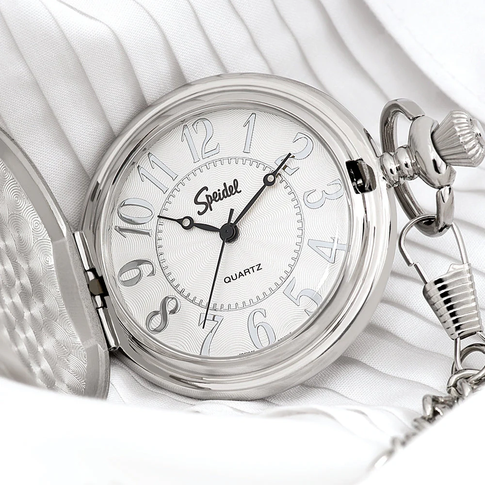 Speidel Classic Smooth Pocket Watch with 14" Chain, Silver Tone with White Dial in Gift Box Engravable - Image 3